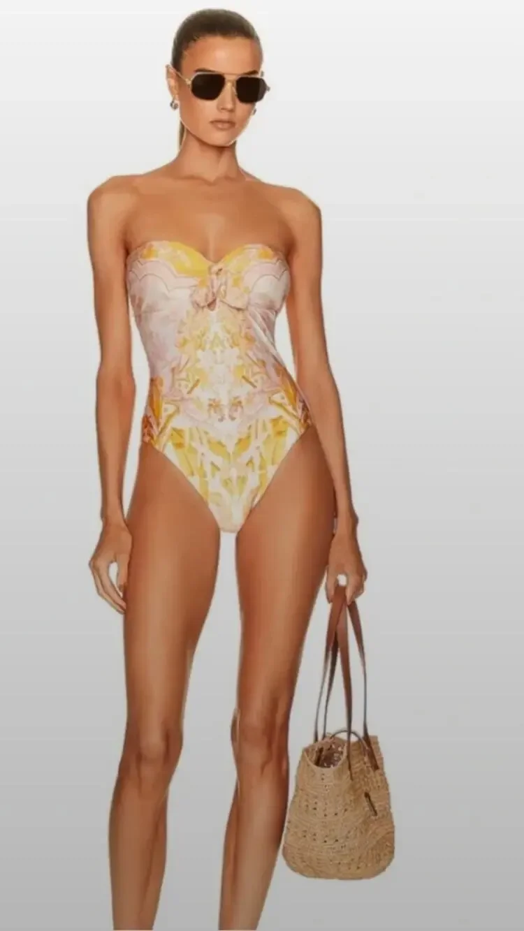 NWT Zimmermann Lyre Strapless Romantic One Piece Swimsuit Tie Front AU10, US 4-6